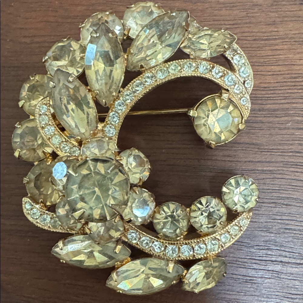 EISENBERG ICE BROOCH c≈1950s CHAMPAGNE & CLEAR CRYSTALS VINTAGE GOLD COSTUME PIN